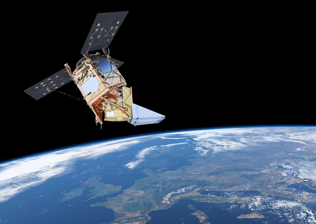 Illustrazione del satellite Sentinel-5p che trasporta lo strumento olandese TROPOMI, che scansiona l'atmosfera alla ricerca di gas importanti per il clima e la qualità dell'aria.  Immagine di ESA/ATG
