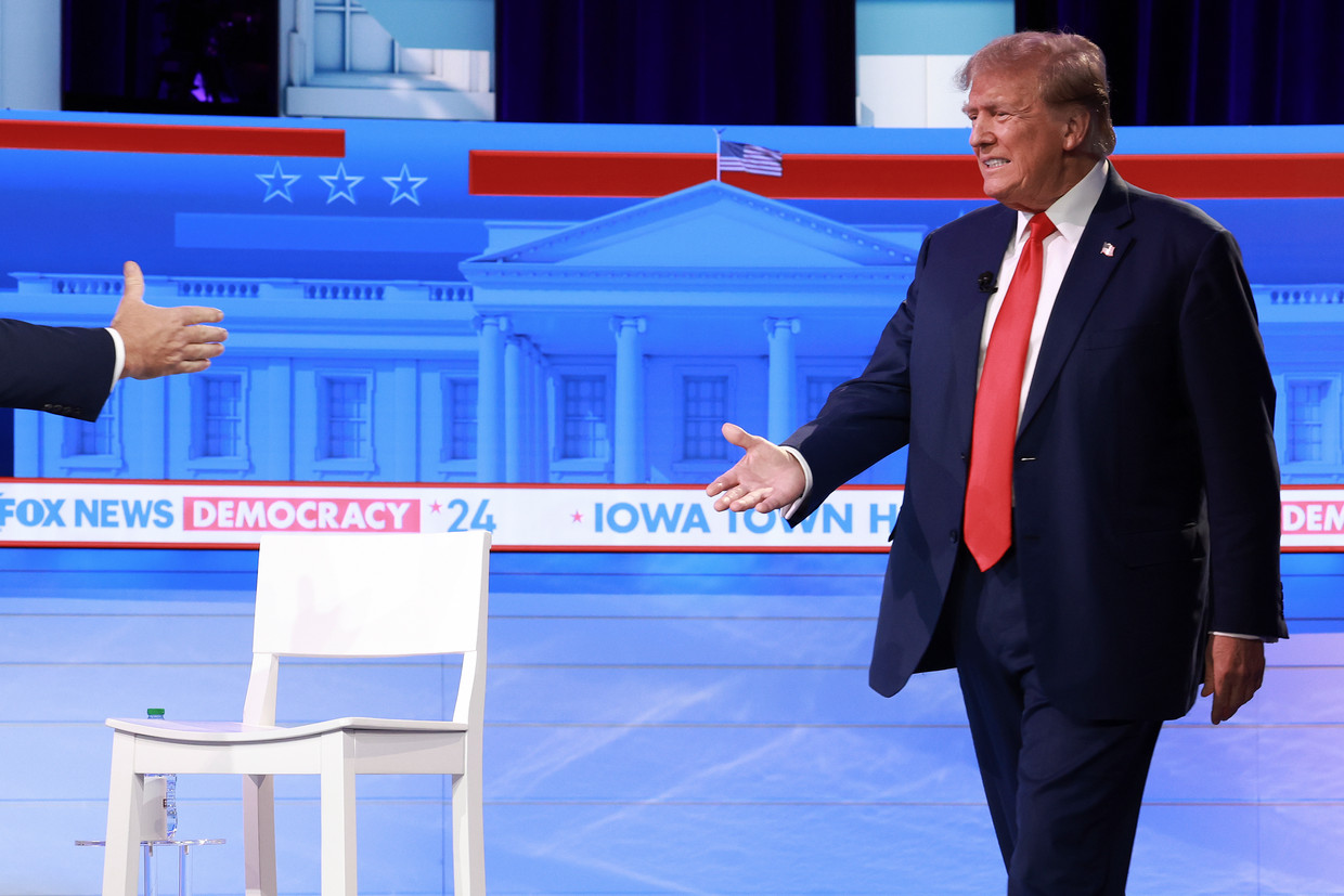 Donald Trump at a Fox News debate night in Des Moines, Iowa, January 10, 2024. Image Joe Raedle/Getty