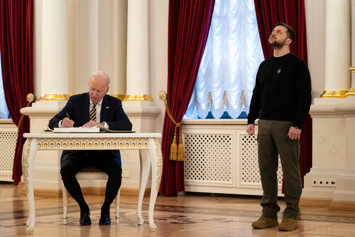 US President Joe Biden signed the guest book during a visit by Ukrainian President Volodymyr Zelensky in February this year.  AP photo